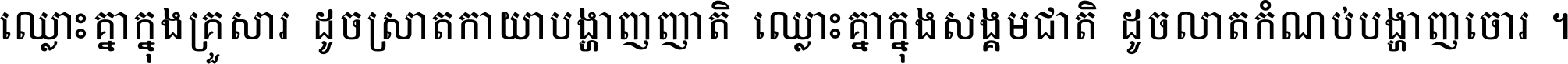 ឈ្លោះ​គ្នា​ក្នុង​គ្រួសារ ដូច​ស្រាត​កាយា​បង្ហាញ​ញាតិ ឈ្លោះគ្នាក្នុង​សង្គមជាតិ ដូច​លាត​កំណប់​បង្ហាញ​ចោរ ។