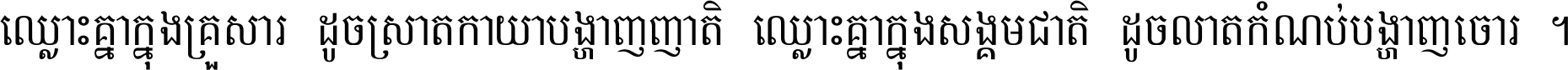 ឈ្លោះ​គ្នា​ក្នុង​គ្រួសារ ដូច​ស្រាត​កាយា​បង្ហាញ​ញាតិ ឈ្លោះគ្នាក្នុង​សង្គមជាតិ ដូច​លាត​កំណប់​បង្ហាញ​ចោរ ។