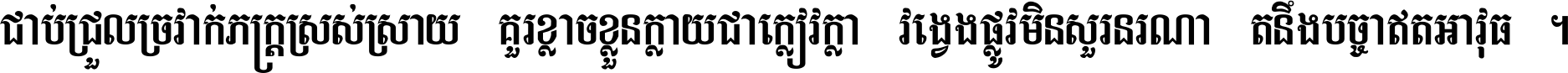 ជាប់​ជ្រួល​ច្រវាក់​ភក្ត្រ​ស្រស់ស្រាយ គួរ​ខ្លាច​ខ្លួន​ក្លាយ​ជា​ក្លៀវក្លា វង្វេង​ផ្លូវ​មិន​សួរន​រណា តនឹងបច្ចា​ឥត​អាវុធ ។